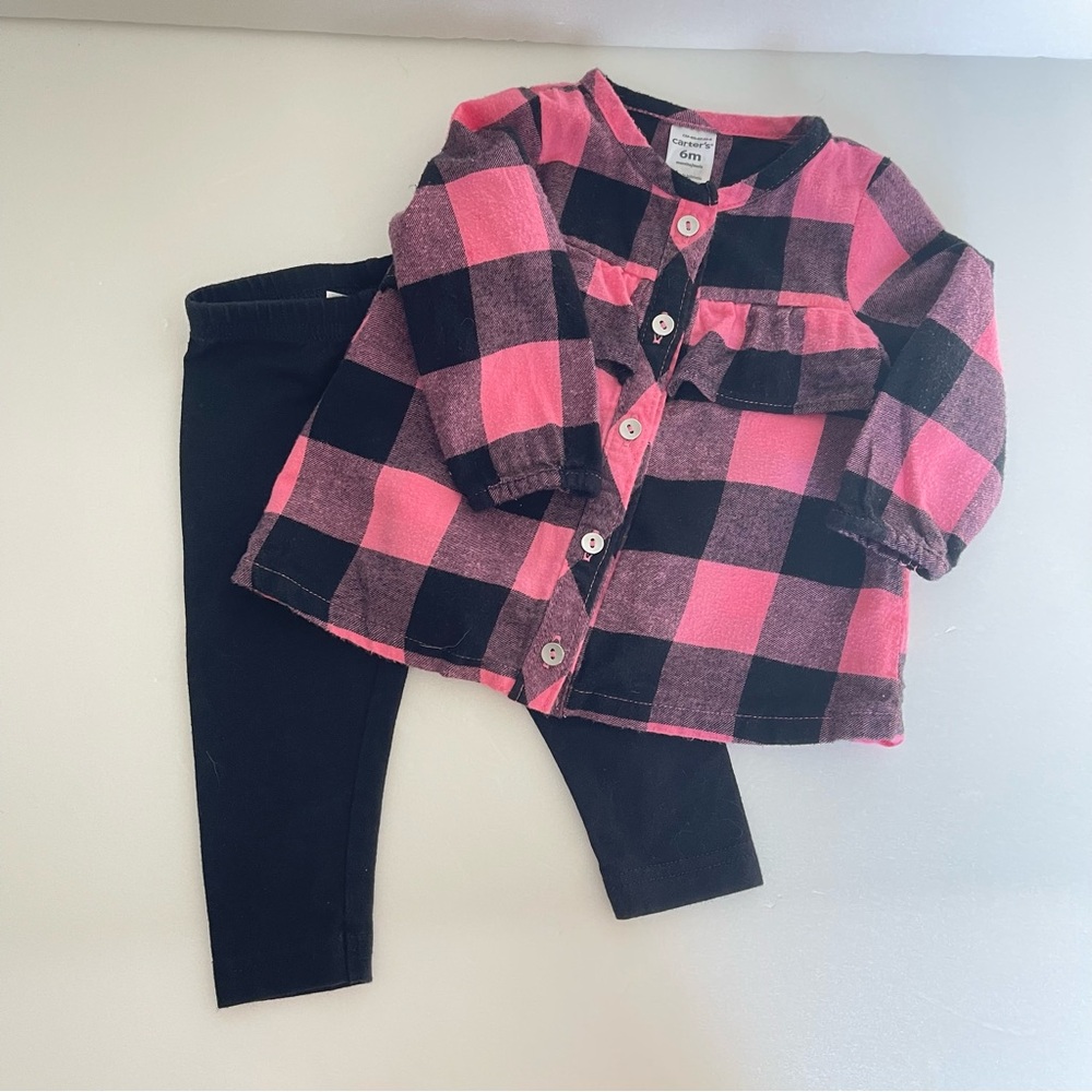 Carter's Girls Pink & Black Buffalo Checkered Plaid Baby Flannel Outfit Set- 6M